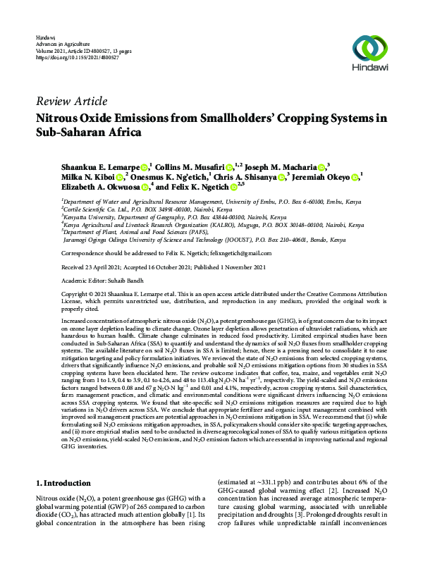(PDF) Nitrous Oxide Emissions from Smallholders’ Cropping Systems in ...