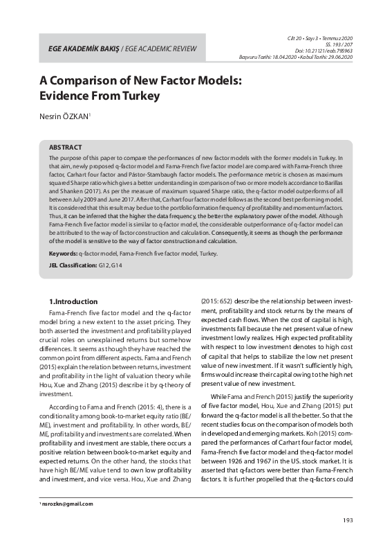 (PDF) A Comparison of New Factor Models: Evidence from Turkey