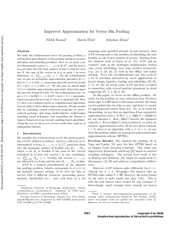 (PDF) Improved Approximation for Vector Bin Packing