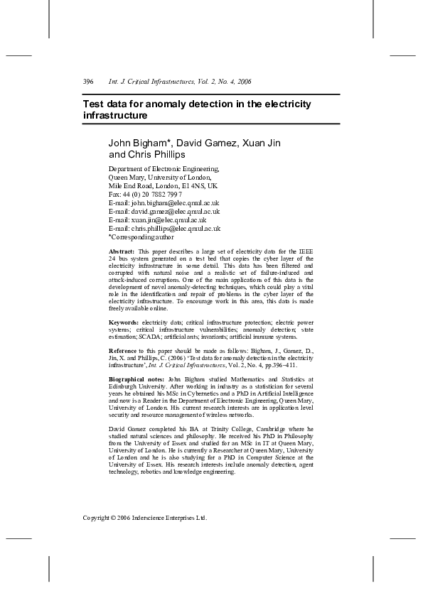 (PDF) Test data for anomaly detection in the electricity infrastructure