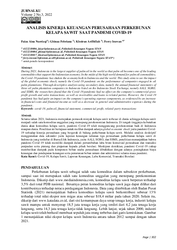 Analisis Kinerja Keuangan Perusahaan Perkebunan Kelapa Sawit Saat Pandemi Covid-19