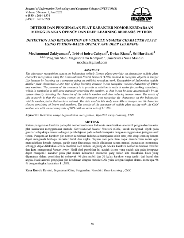 (PDF) Deteksi Dan Pengenalan Plat Karakter Nomor Kendaraan Menggunakan ...