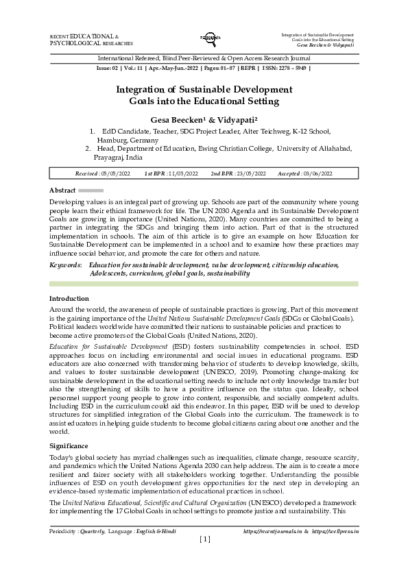 (PDF) Integration of Sustainable Development Goals into the Educational ...