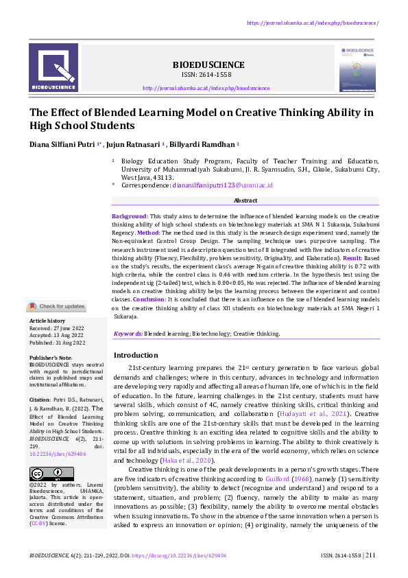 (PDF) The Effect of Blended Learning Model on Creative Thinking Ability ...
