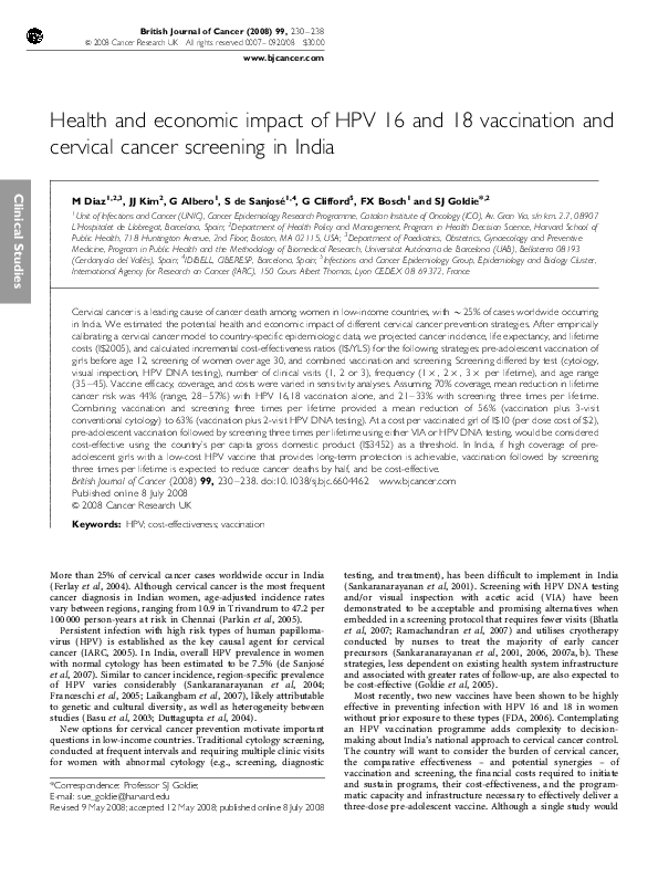 (PDF) Health and economic impact of HPV 16 and 18 vaccination and ...