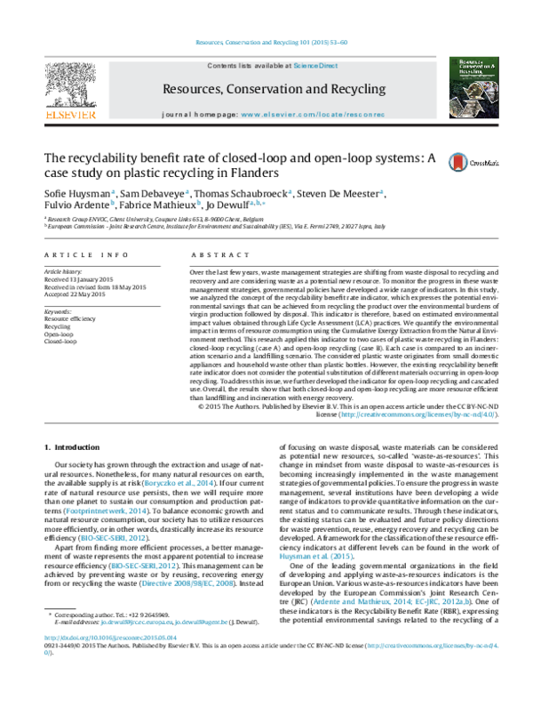 (PDF) The recyclability benefit rate of closed-loop and open-loop ...