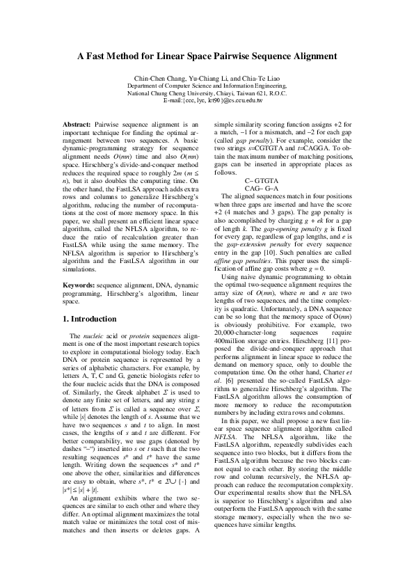 (PDF) A Fast Method for Linear Space Pairwise Sequence Alignment