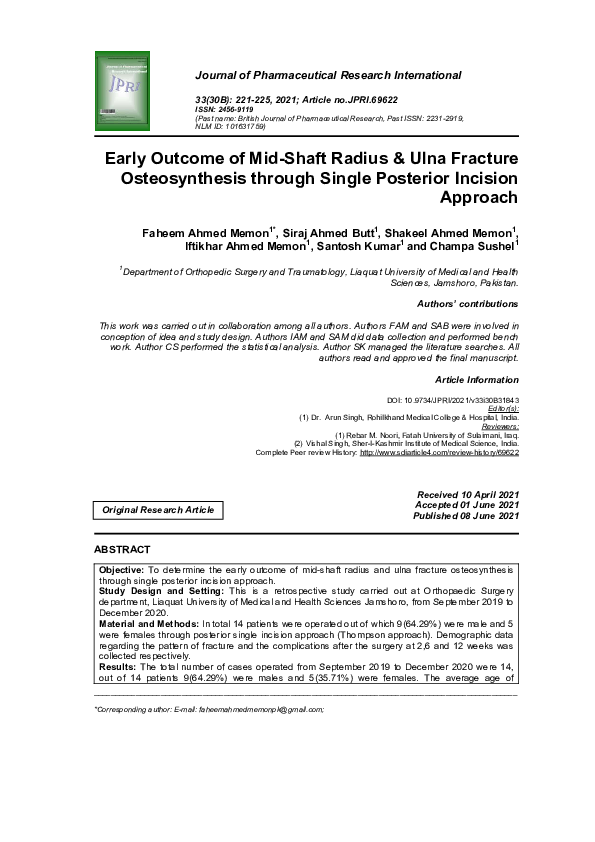 (PDF) Early Outcome of Mid-Shaft Radius & Ulna Fracture Osteosynthesis ...