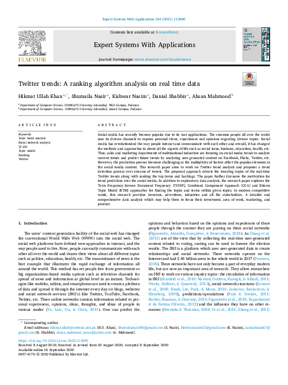 (PDF) Twitter trends: A ranking algorithm analysis on real time data