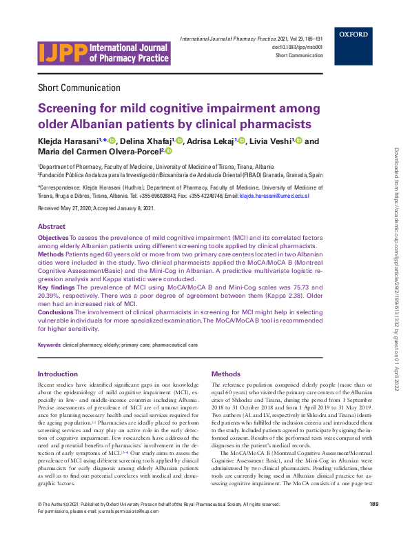 (PDF) Screening for mild cognitive impairment among older Albanian ...