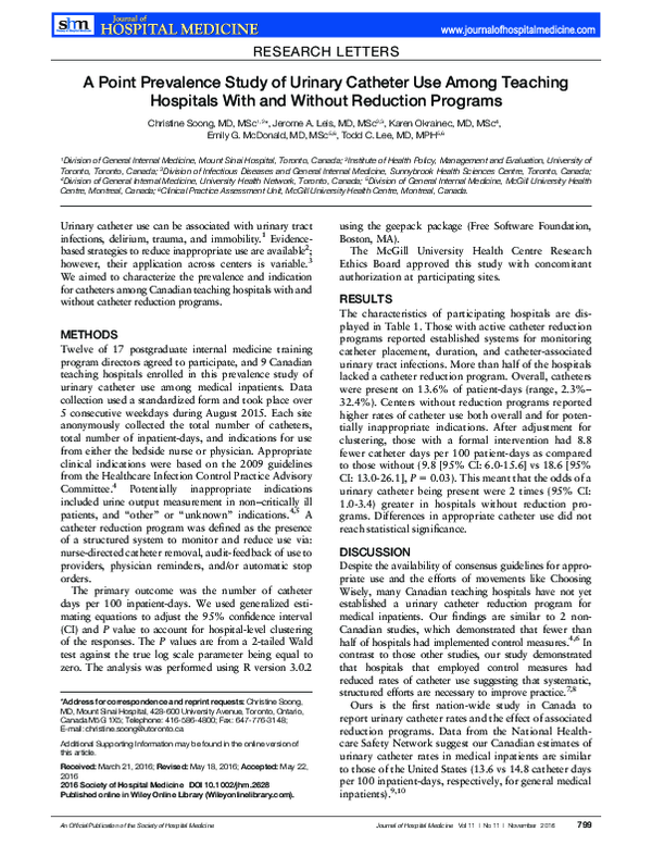 (PDF) A point prevalence study of urinary catheter use among teaching ...