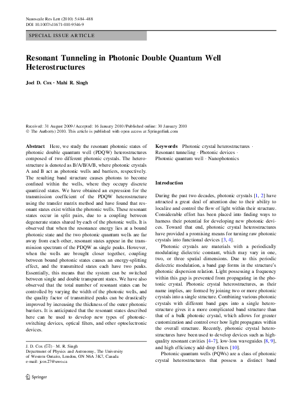 (PDF) Resonant Tunneling in Photonic Double Quantum Well Heterostructures