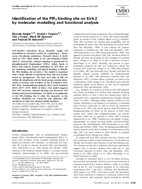 (PDF) Identification of the PIP2-binding site on Kir6.2 by molecular ...
