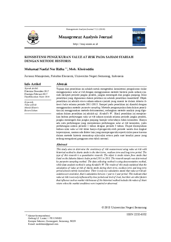 (PDF) Konsistensi Pengukuran Value at Risk pada Saham Syariah dengan ...