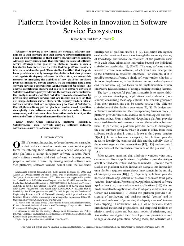 (PDF) Platform Provider Roles in Innovation in Software Service Ecosystems