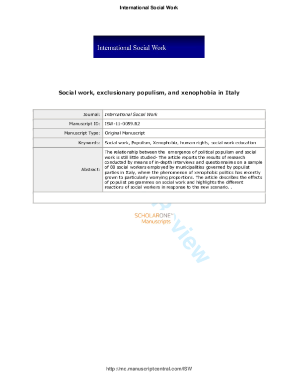 (PDF) Social work, exclusionary populism and xenophobia in Italy