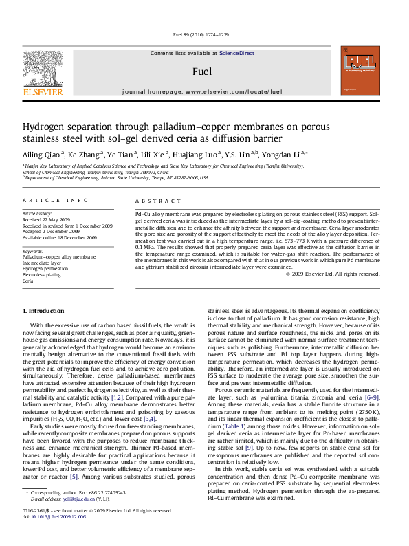 (PDF) Hydrogen separation through palladium–copper membranes on porous ...