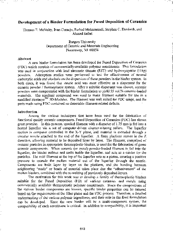 (PDF) Development of a binder formulation for fused deposition of ceramics
