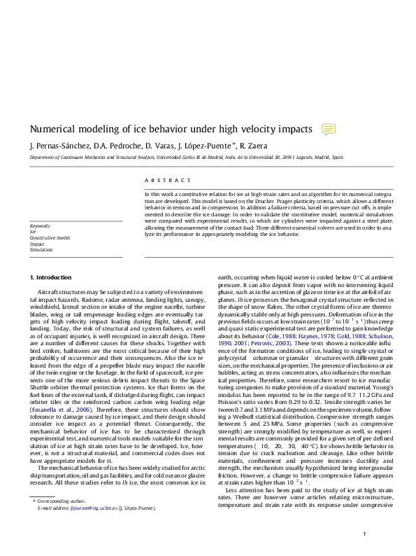 (PDF) Numerical modeling of ice behavior under high velocity impacts