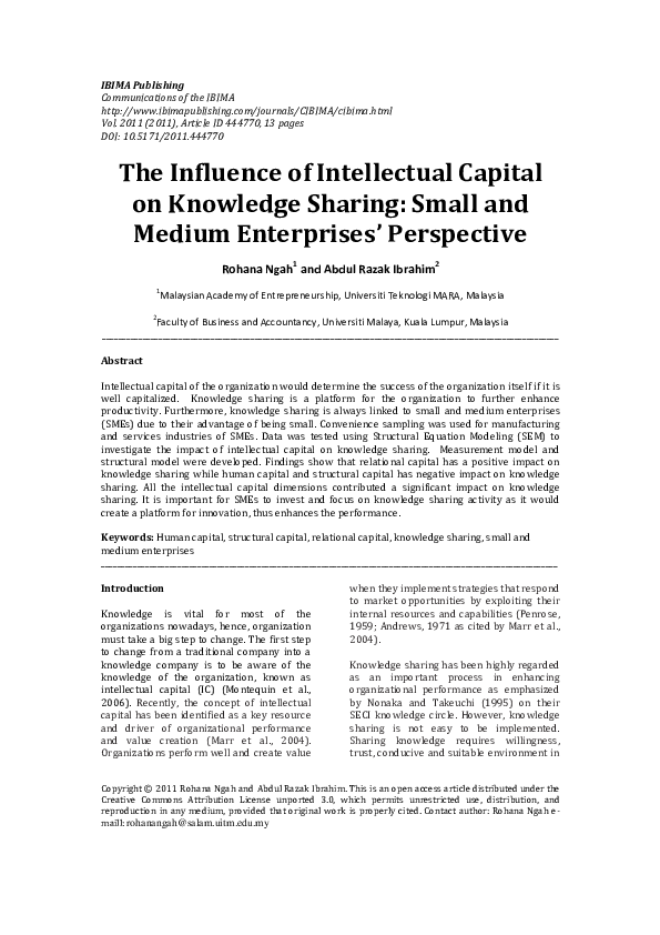 (PDF) The Influence of Intellectual Capital on Knowledge Sharing: Small ...