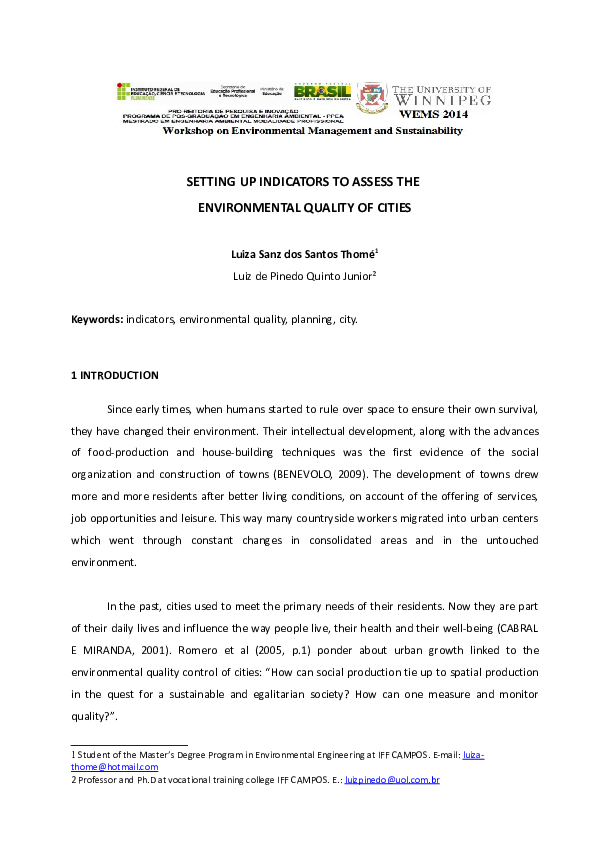 (PDF) Setting Up Indicators to Assess the Environmental Quality of Cities
