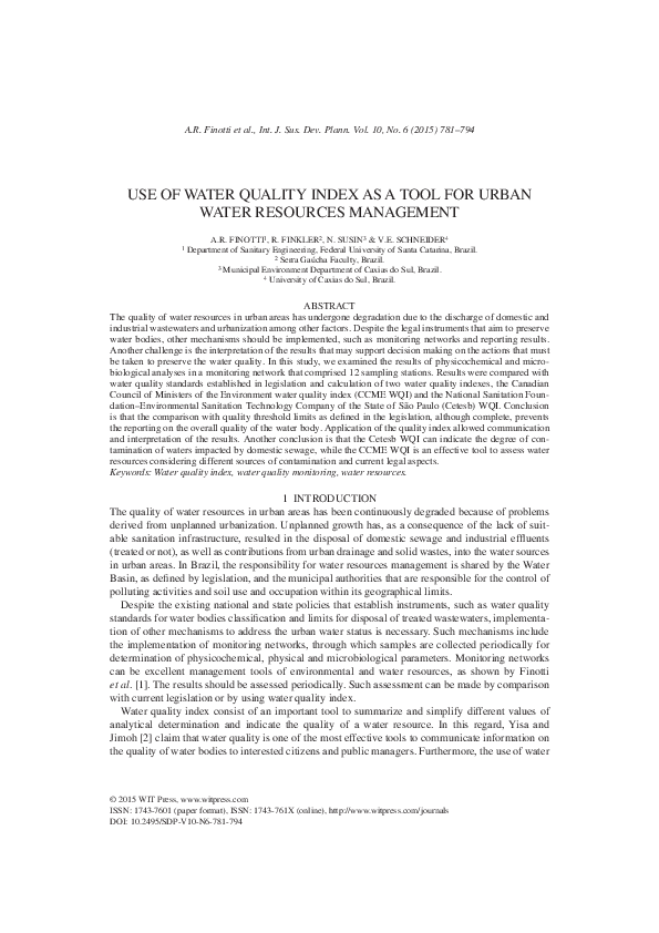 (PDF) Use of water quality index as a tool for urban water resources ...