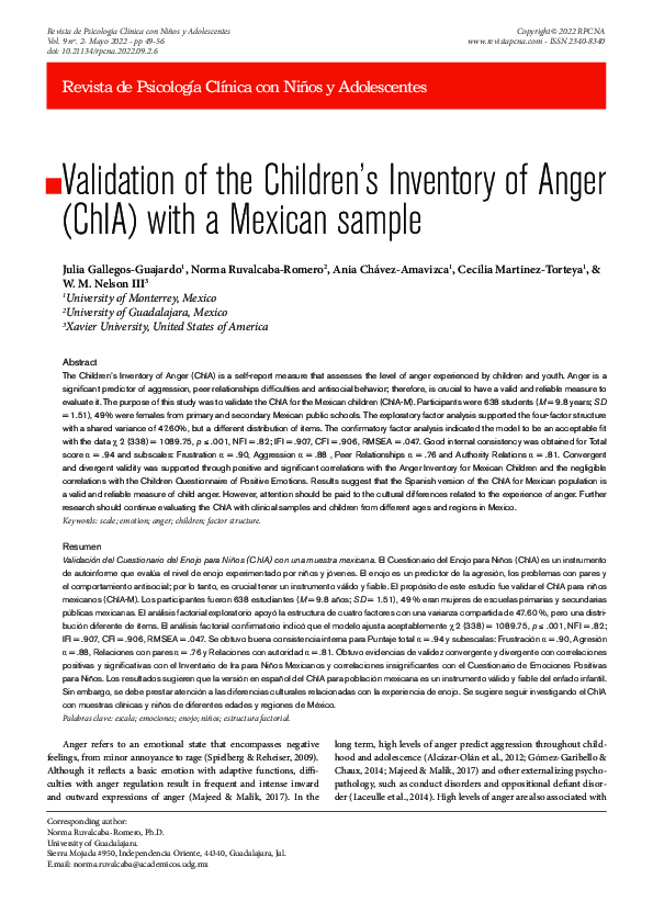 (PDF) Validation of the Children’s Inventory of Anger (ChIA) with a ...