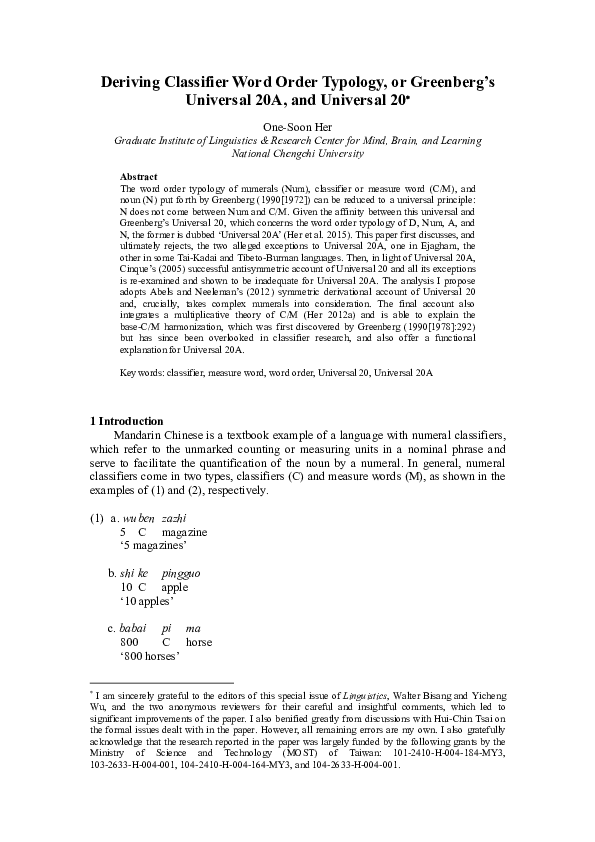 (PDF) Deriving classifier word order typology, or Greenberg’s Universal ...