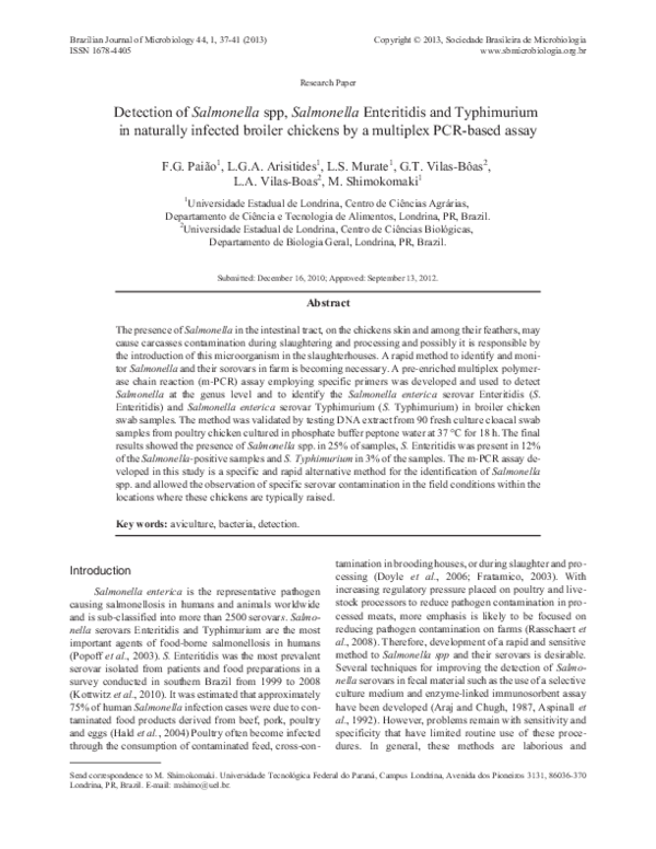 (PDF) Detection of Salmonella spp, Salmonella Enteritidis and ...