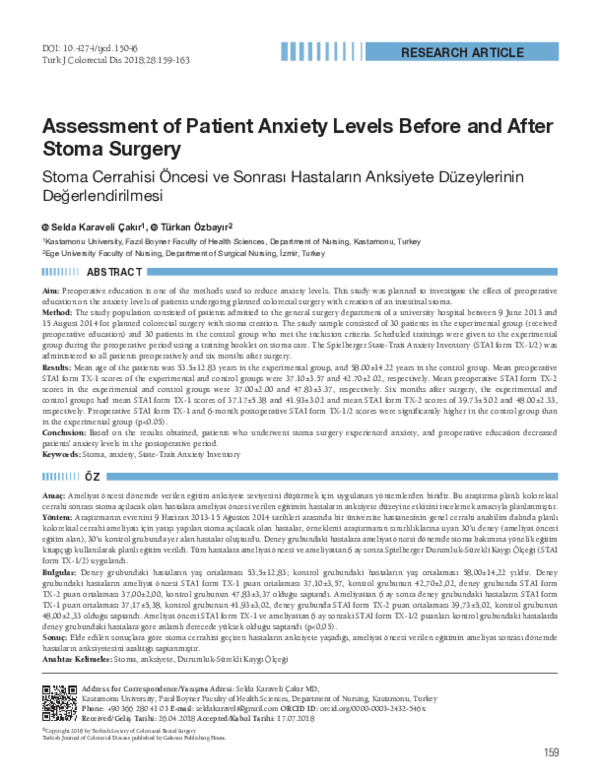 (PDF) Assessment of Patient Anxiety Levels Before and After Stoma Surgery