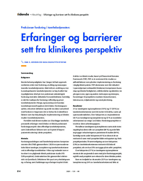 (PDF) Erfaringer og barrierer sett fra klinikeres perspektiv