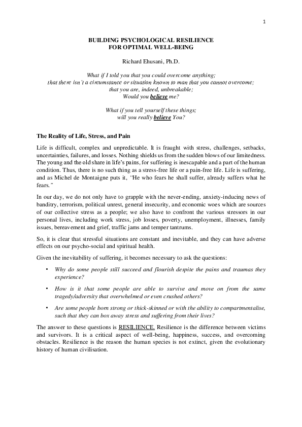 (PDF) BUILDING PSYCHOLOGICAL RESILIENCE FOR OPTIMAL WELL-BEING