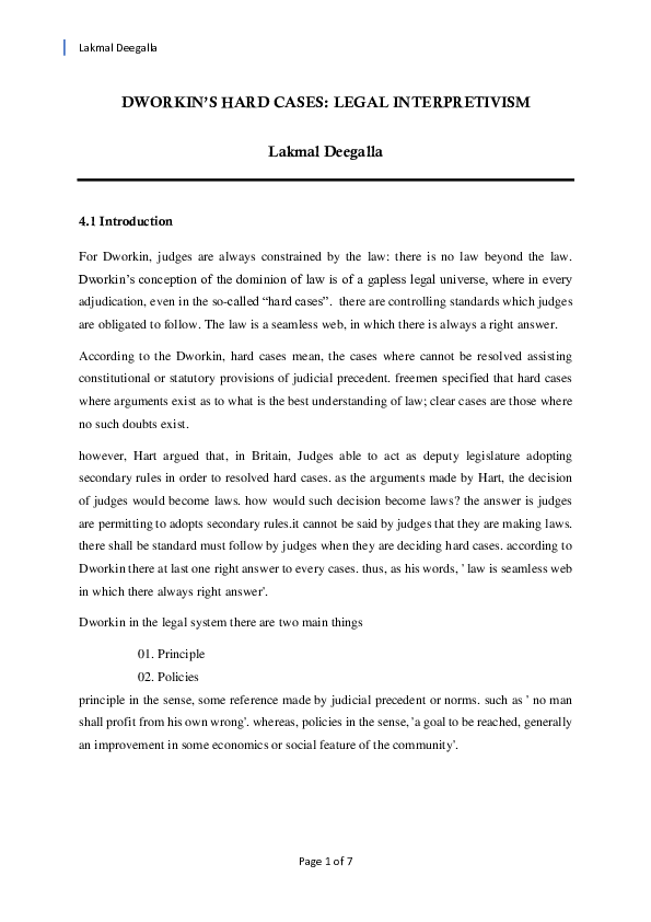 (PDF) DWORKIN'S HARD CASES LEGAL INTERPRETIVISM Lakmal Deegalla
