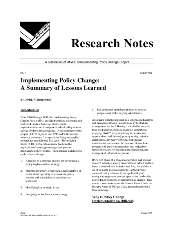 (PDF) Implementing Policy Change: A Summary of Lessons Learned