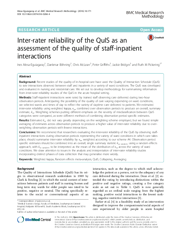 (PDF) Inter-rater reliability of the QuIS as an assessment of the ...