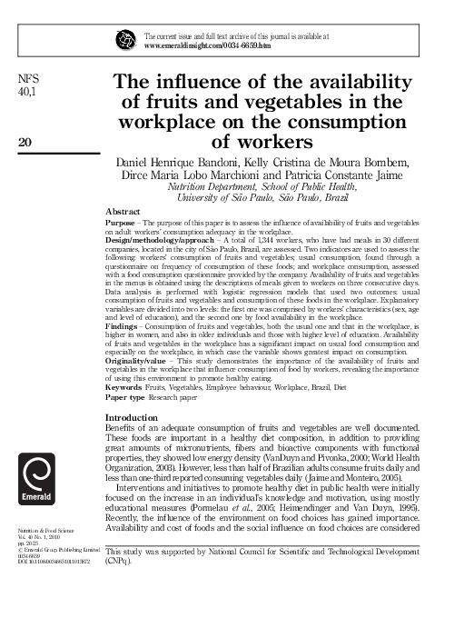(PDF) The influence of the availability of fruits and vegetables in the ...