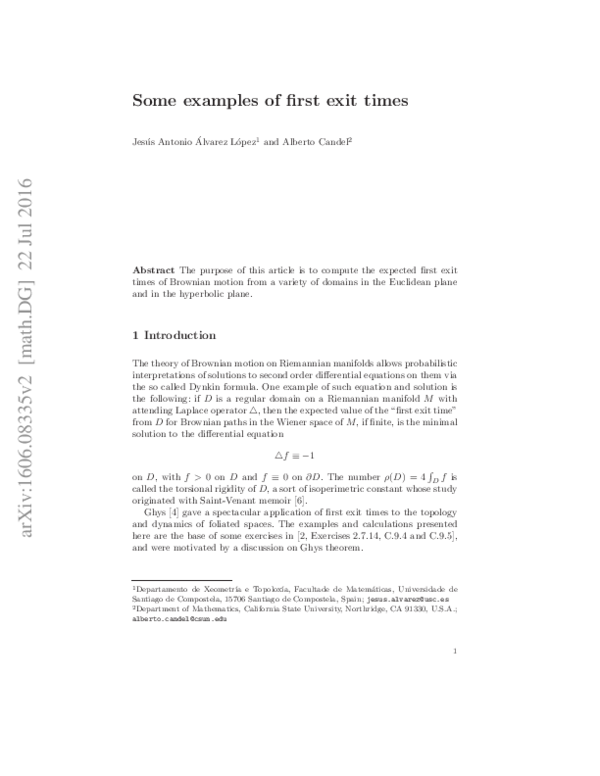 (PDF) Some Examples of First Exit Times