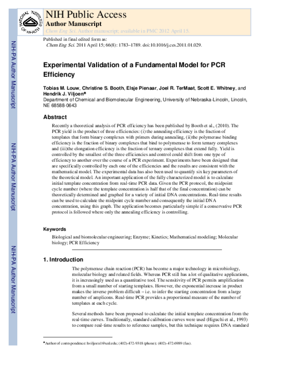 (PDF) Experimental validation of a fundamental model for PCR efficiency