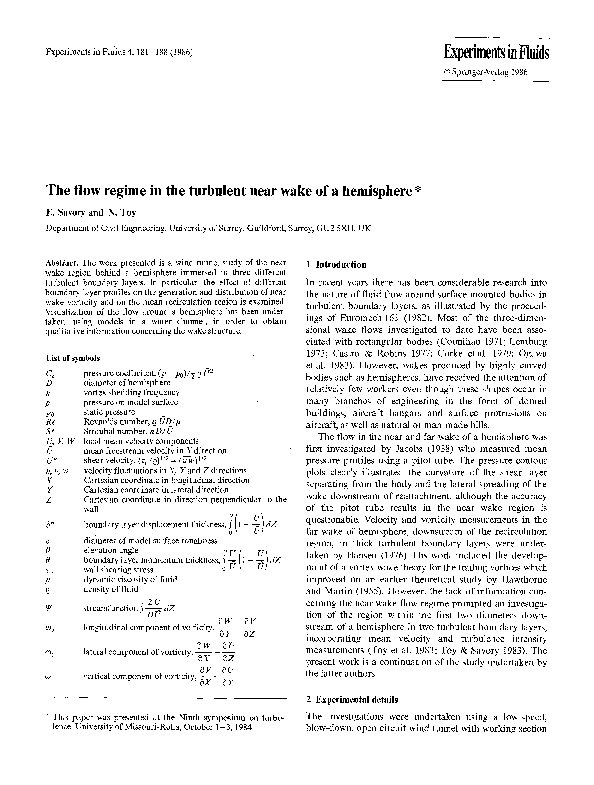 (PDF) The flow regime in the turbulent near wake of a hemisphere