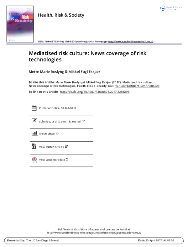 (PDF) Mediatised risk culture: News coverage of risk technologies