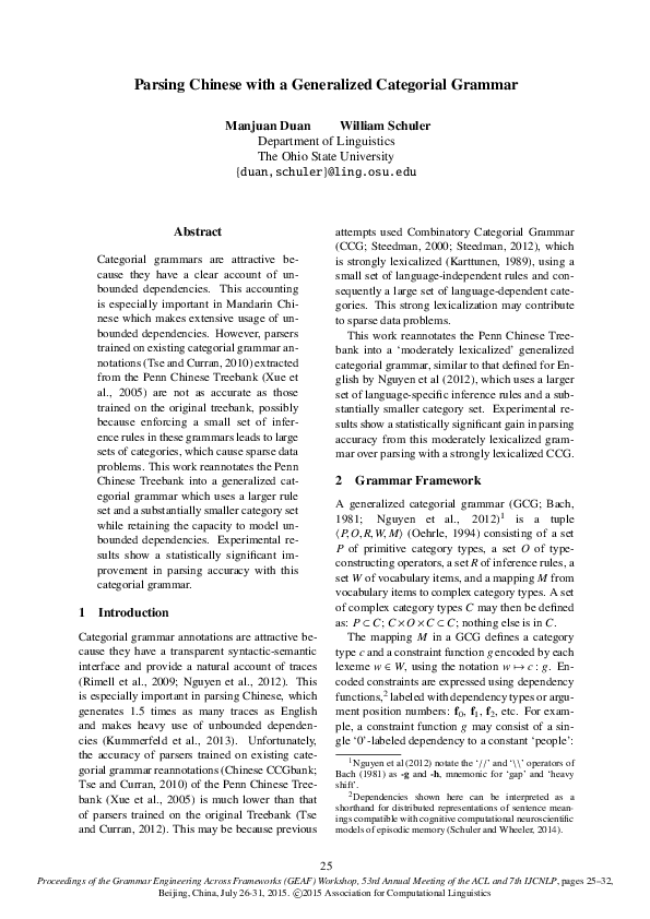 (PDF) Parsing Chinese with a Generalized Categorial Grammar