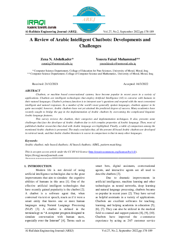 (PDF) A Reviwe of Arabic Intelligent Chatbots: Developments and Challenges
