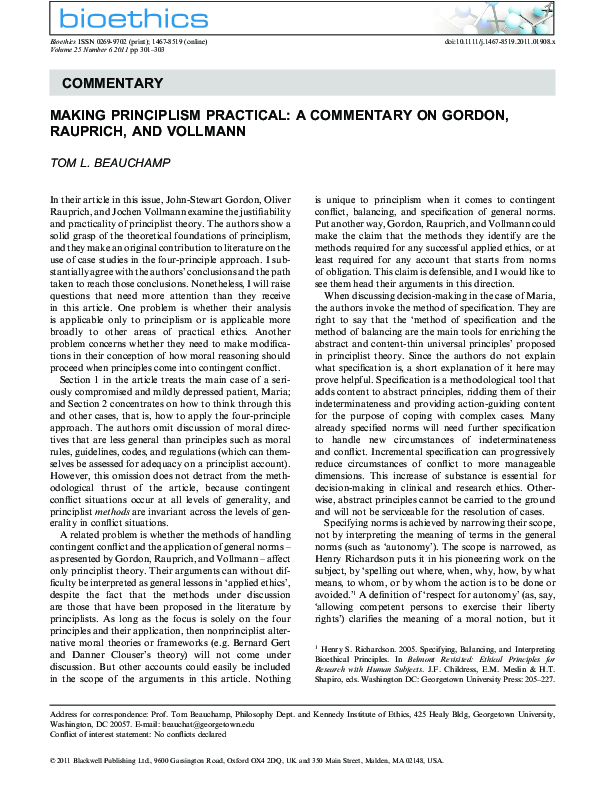 (PDF) Making Principlism Practical: A Commentary on Gordon, Rauprich ...