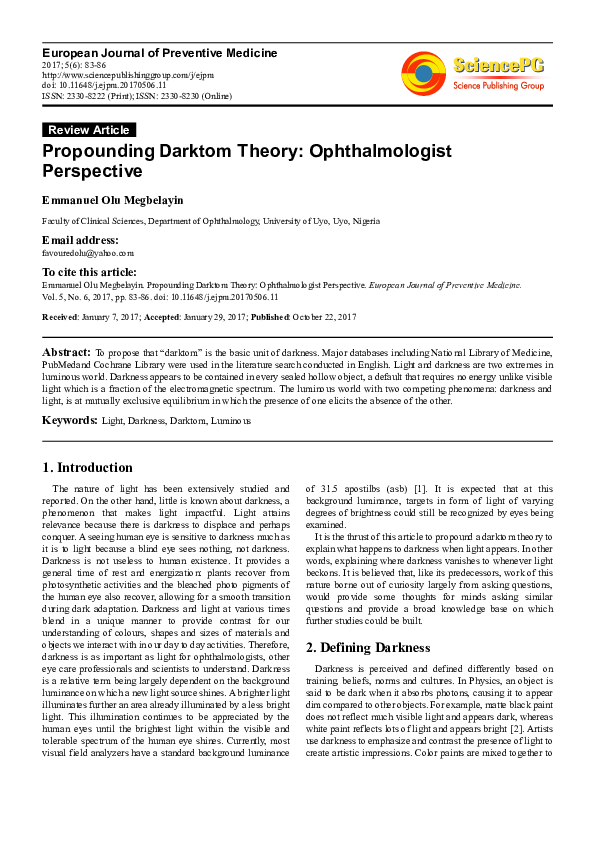 (PDF) Propounding Darktom Theory: Ophthalmologist Perspective