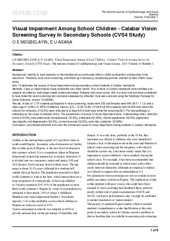 (PDF) Visual Impairment Causes in Calabar Secondary School Students