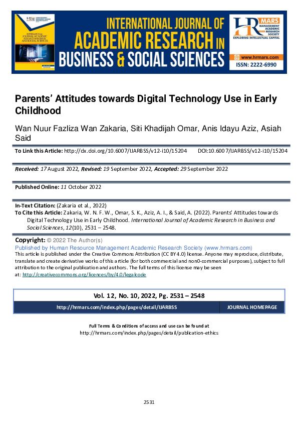 (PDF) Parents’ Attitudes towards Digital Technology Use in Early Childhood