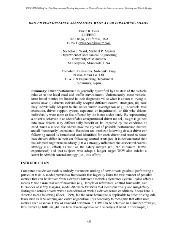 (PDF) Driver Performance Assessment with a Car Following Model