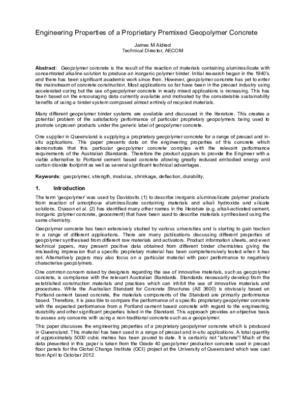 (PDF) Engineering Properties of a Proprietary Premixed Geopolymer Concrete