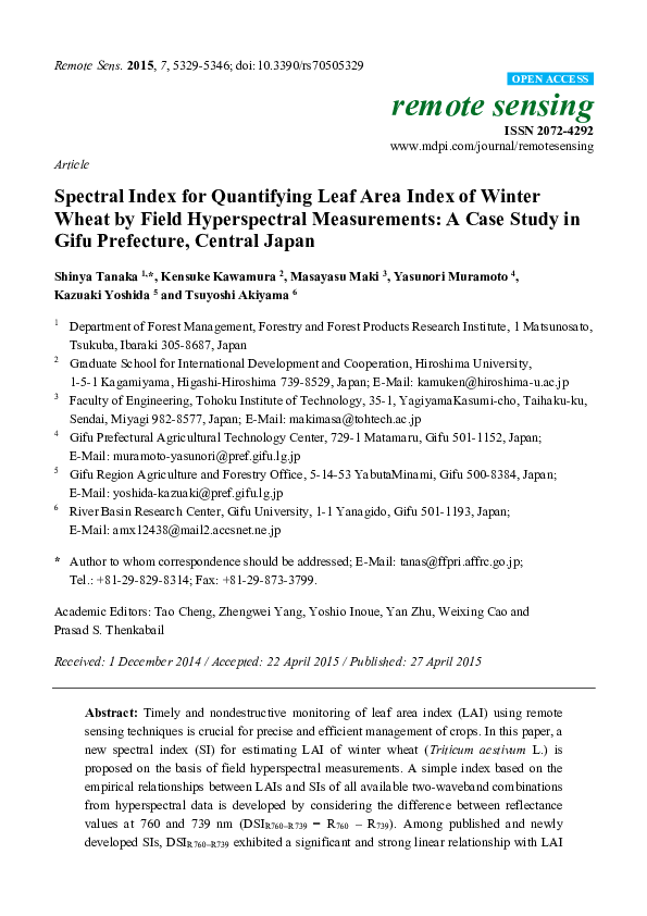 (PDF) Spectral Index for Quantifying Leaf Area Index of Winter Wheat by ...