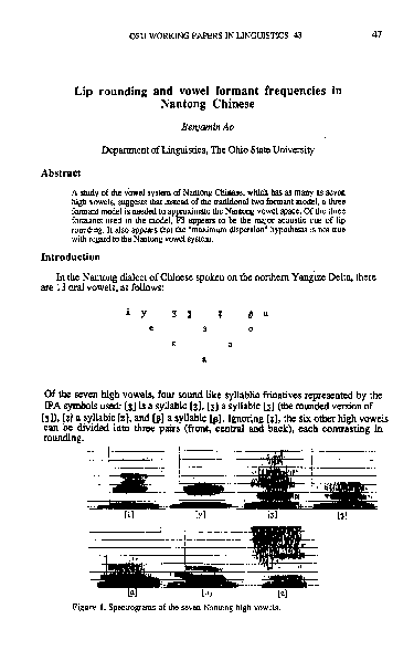(PDF) Lip rounding and vowel formant frequencies in Nantong Chinese